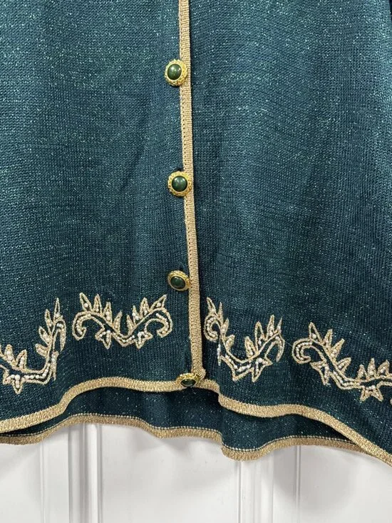 Vintage Jaclyn Smith Green Metallic Beaded Embroidered Floral Cardigan Sweater M - Picture 5 of 13